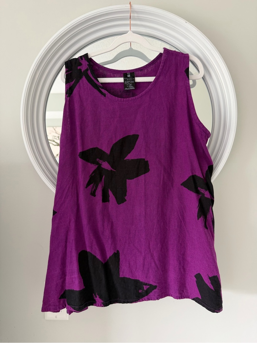 Kaliyana Purple Cassis Roma Linen Blend Y-Tank Top Abstract Floral Lagenlook M/L